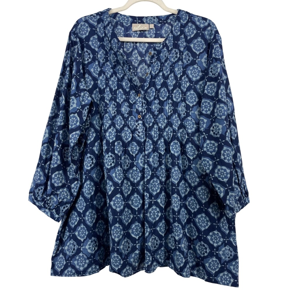 Utsa Size XXL Tunic Top Blue Geometric Print Cotton Pintuck Womens 2X Breathable